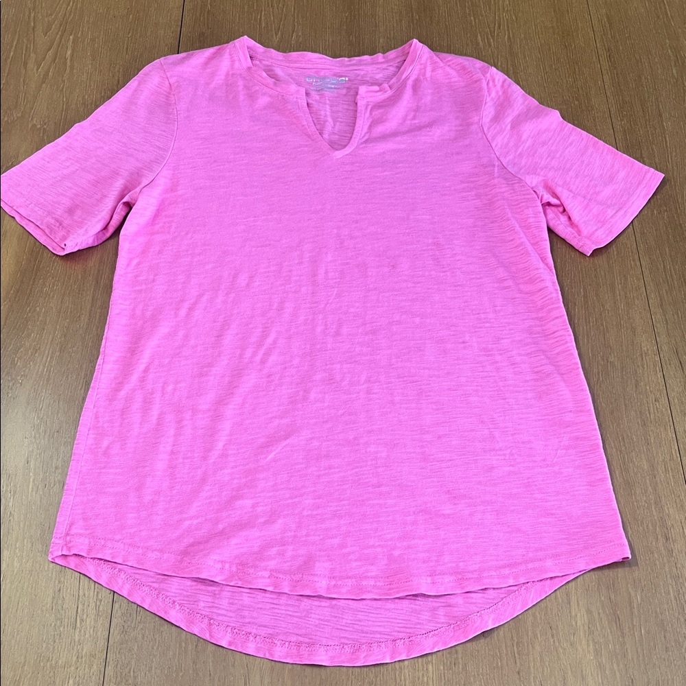 Chico's Bright Pink Short Sleeve V-Neck Slub Knit Top, Cotton Blend, Sz 1